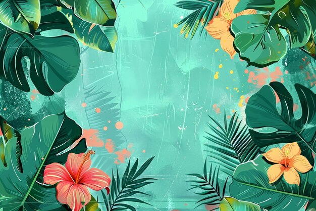 This tropical jungle color background vector features hibiscus monstera palm leaves grunge texture and is perfect for poster banner and print purposes