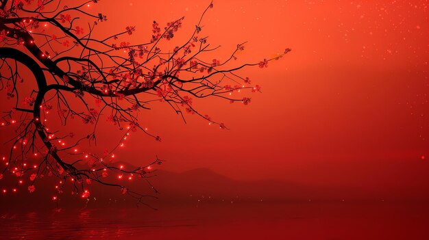 this vector artwork features a closeup of a tree branch adorned with string lights and a large text area for backdrop usage on a red background generative ai