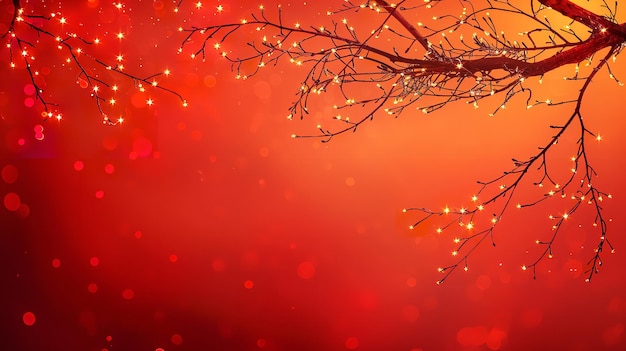 this vector artwork features a closeup of a tree branch adorned with string lights and a large text area for backdrop usage on a red background generative ai