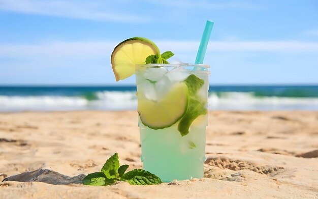 This vibrant image showcases a refreshing summer mojito on a sandy beach with the ocean waves in the background