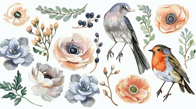 This vintage watercolor collection includes ranunculus anemones succulents Robin birds wild Privet Berries and green branches