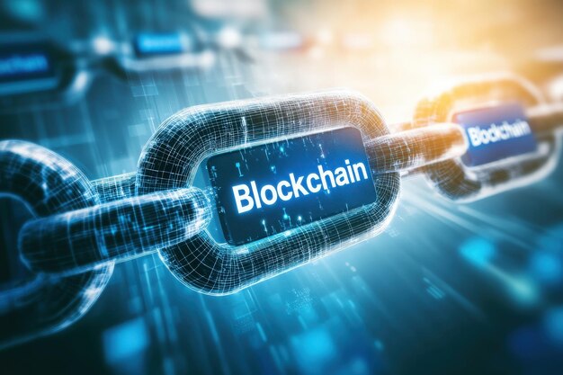 Это визуальное представление иллюстрирует взаимосвязанную природу технологии блокчейна, подчеркивая множество звеньев и узлов цепи, которые означают безопасность данных и прозрачность в сети.