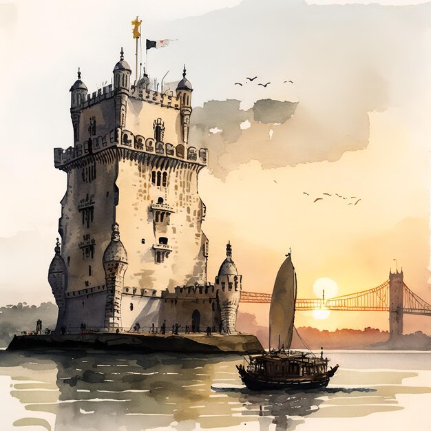 This watercolor image pays tribute to the stunning Belem Tower in Lisbon Portugal