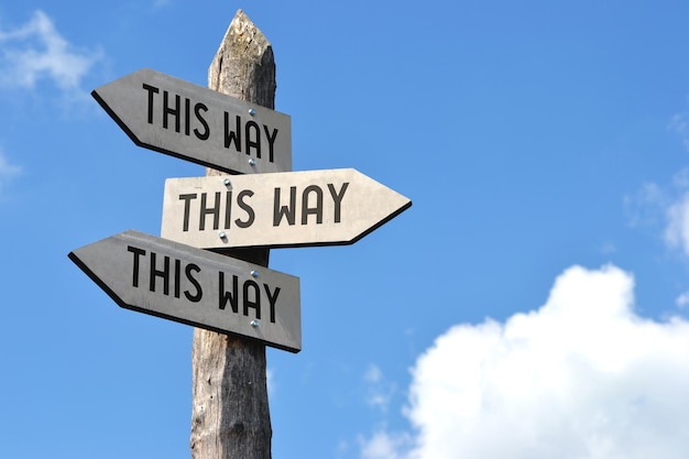 This way wooden signpost with three arrows