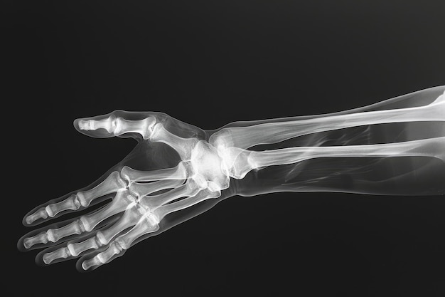This xray image captures the detailed bone structure and positioning of a hand and wrist Cooltone 3D interpretation of a human hand Xray AI Generated