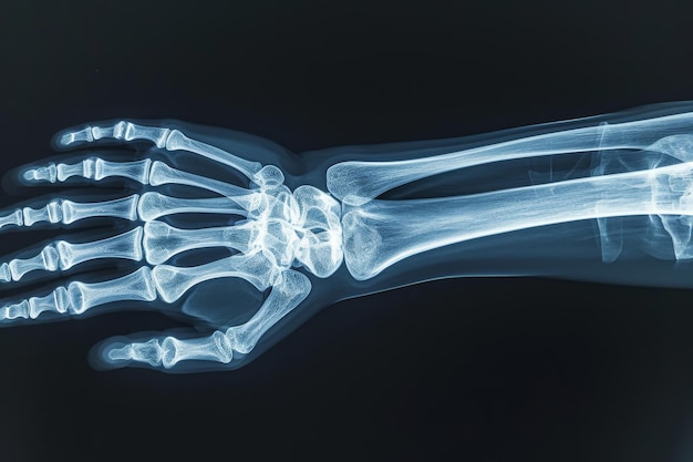 This xray image captures the intricate detail and structure of a skeletons hand A 3D Xray of a human wrist with a fracture AI Generated