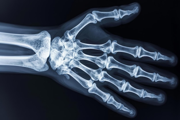 このX線画像は手の骨格の複雑な構造を詳細に示しています手首の骨をX線で詳しく見てください (Xray AI Generated)