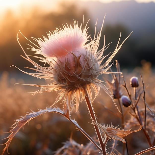 Photo thistle flower in the warm sunset light generate by ai