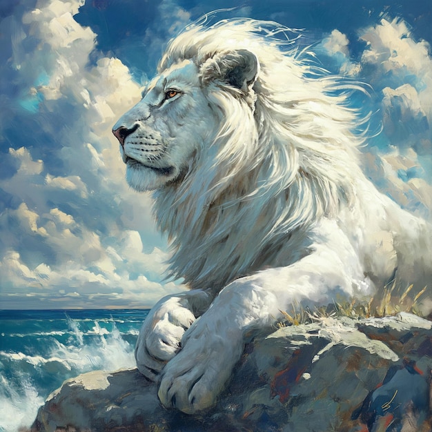 Photo thomas kinkade style painting of a white lion by the sea