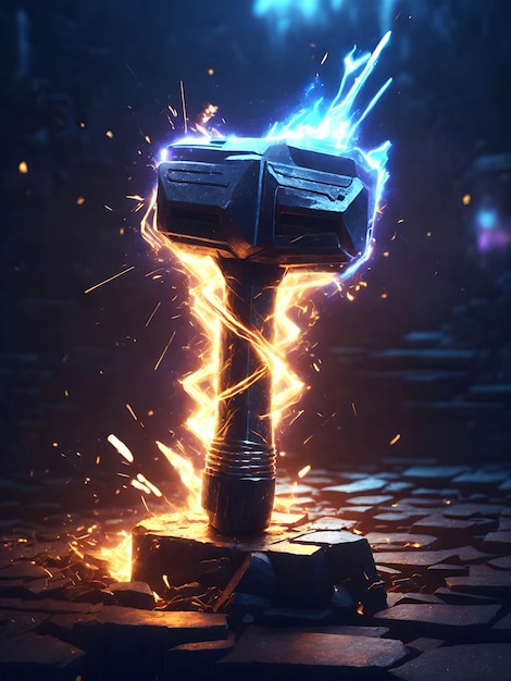 Photo thor hammer with glowing blue light and fire