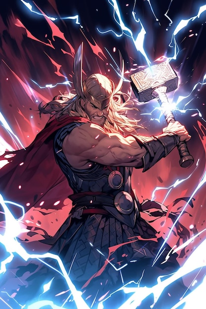 Photo thor thor is holding a hammer in his hand and lightning generative ai