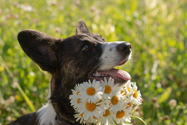 サラブレッド犬ウェルシュコーギーペンブローク白い花を持つ犬の肖像ペットペット