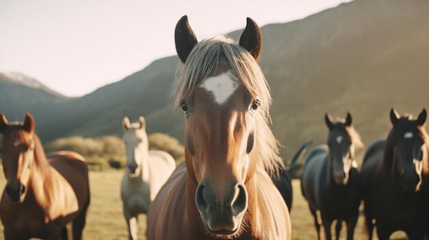 写真 朝のai生成で緑の美しい山を背景に放牧するサラブレッド馬