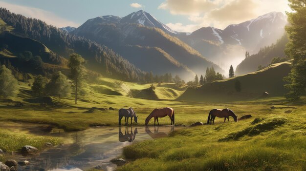 Foto cavalli purosangue al pascolo con bellissimo sfondo verde di montagna al mattino generativo ai