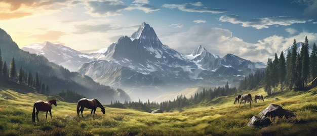 Foto cavalli purosangue al pascolo con bellissimo sfondo verde di montagna al mattino generativo ai