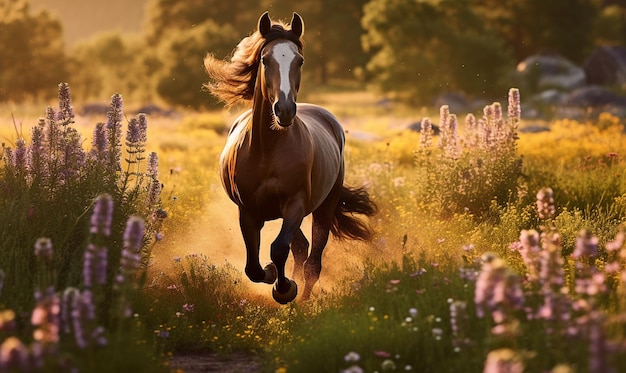 Thoroughbred stallion running in wildflower generative ai