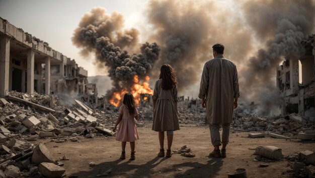 Those affected by the war stood looking at the ruins in despair