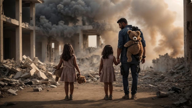 Those affected by the war stood looking at the ruins in despair