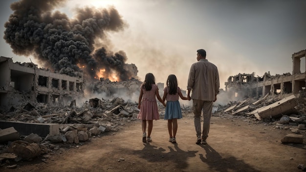 Those affected by the war stood looking at the ruins in despair