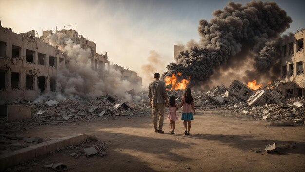 Those affected by the war stood looking at the ruins in despair