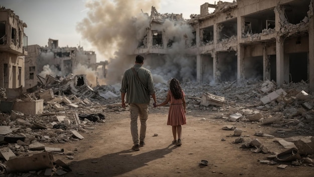 Those affected by the war stood looking at the ruins in despair