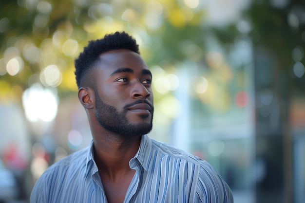 Thoughtful African American Man in Striped Shirt Outdoors