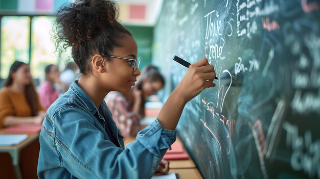 Foto ragazza adolescente afroamericana pensierosa che scrive equazioni matematiche sulla lavagna durante la lezione di matematica