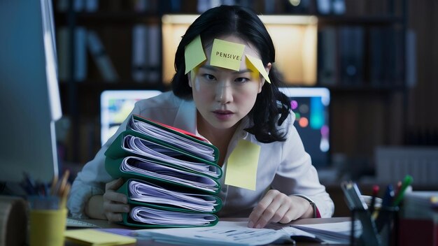 Photo thoughtful asain woman has sticky notes on clothes and forehead stads pensive works hard during dea