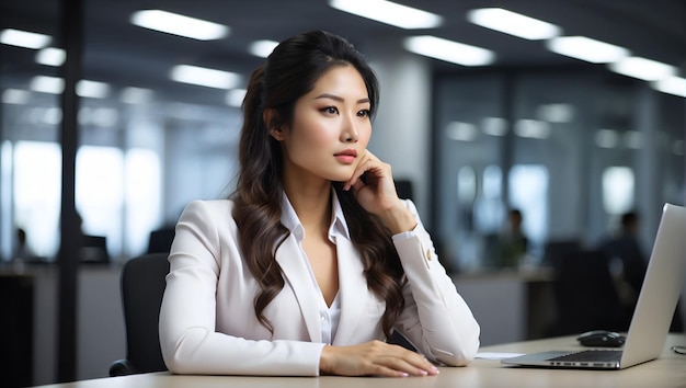 Thoughtful asian female business professional with head in hand looking away while sitting at desk