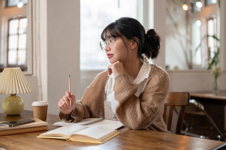 Photo コーヒーショップのテーブルで日記をつけたり宿題をしたりする思慮深いアジアの女性