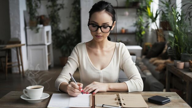 Photo thoughtful attractive woman in spectacles writes in diary to do list of goals makes notes in perso