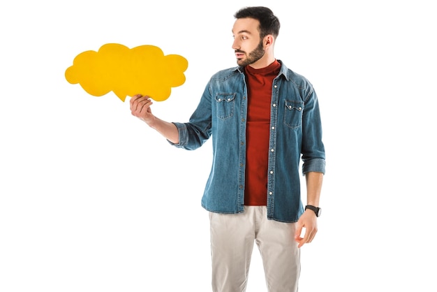 Thoughtful bearded man in denim shirt holding thought bubble isolated on white