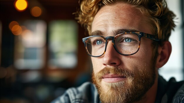 Thoughtful bearded man with glasses looking away in a warmly lit indoor setting