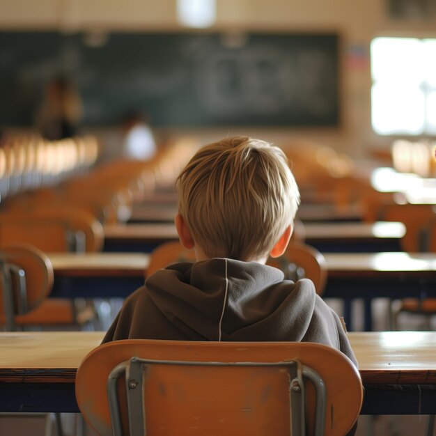 Photo thoughtful boy in a deserted classroom