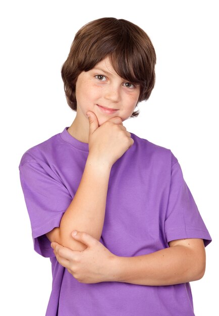 Thoughtful boy isolated on white background