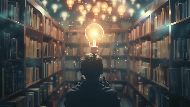 Foto ragazzo riflessivo in biblioteca circondato da lampadine luminose che rappresentano idee brillanti e ispirazione