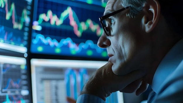 Photo thoughtful businessman looking at graphs and charts on computer screens analyzing financial data and making investment decisions