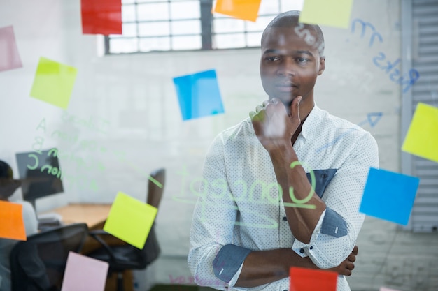 thoughtful businessman reading sticky notes on glass