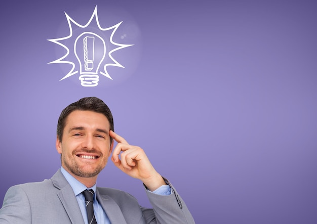 Photo thoughtful businessman with light bulb against purple background