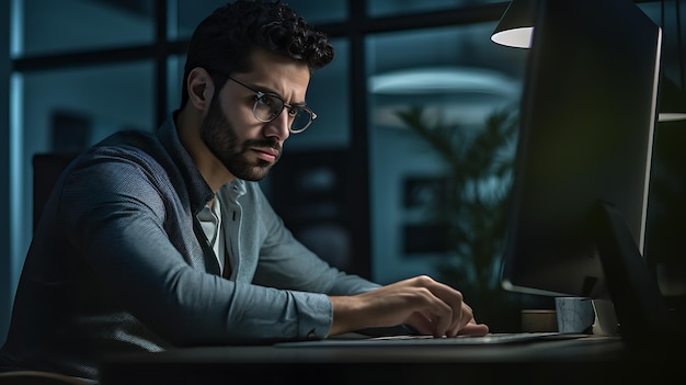 Thoughtful businessman works on his computer while sitting in his officeCreated with Generative AI technology