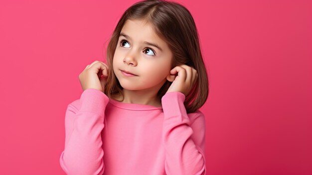 Thoughtful child on pink background looking away