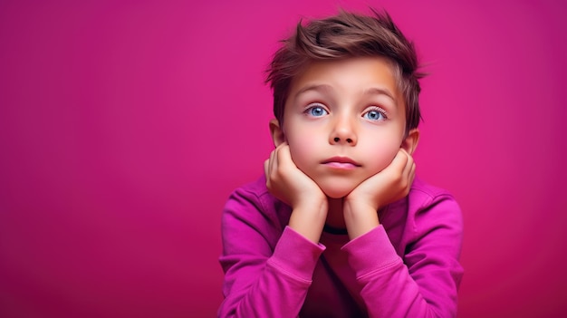 Задумчивый ребенок на розовом фоне смотрит в сторону