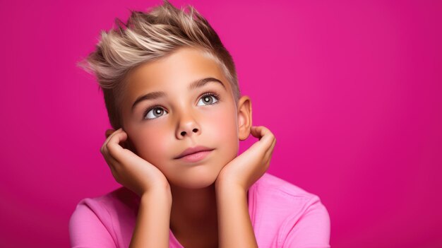 Thoughtful child on pink background looking away