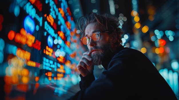 Thoughtful Cryptocurrency Investor Analyzing Market Trends in NeonLit Urban Setting