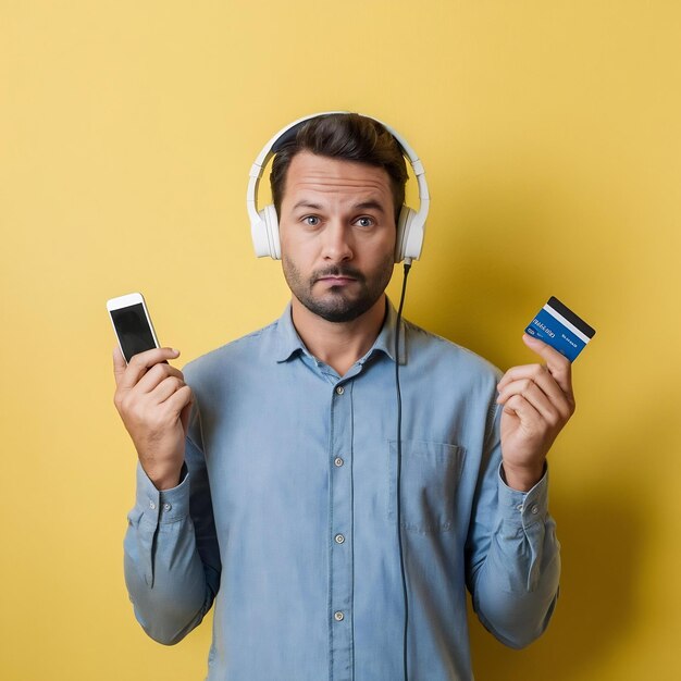 Thoughtful displeased man concentrated above listens music via headphones holds cellphone and credi