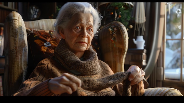 Photo thoughtful elderly woman sits in a chair and gazes out the window she holds a scarf in her hands and thinks about her life