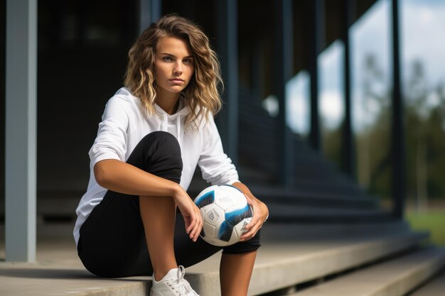 Photo thoughtful female soccer player holding a soccer ball while crouching on the steps