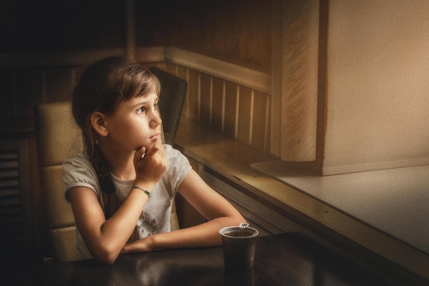 Photo thoughtful girl sitting at home