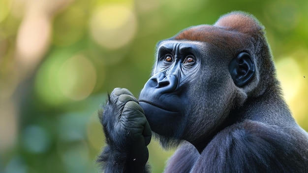 Thoughtful Gorilla Contemplating with Hand on Mouth in Natural Habitat