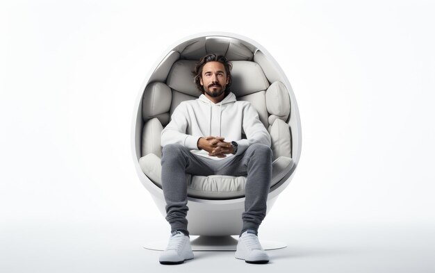 Photo thoughtful handsome male is sitting on pod chair isolated on white background